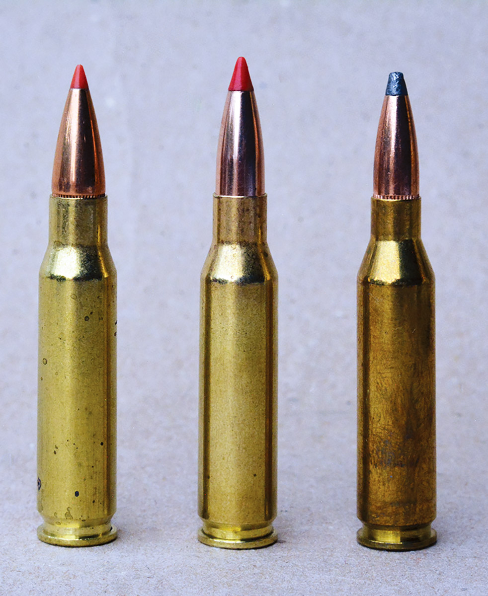 The 7mm-08 Remington (center) is based on a necked-down 308 Winchester case (left). The 260 Remington (right) is another popular cartridge that is based on the 308 case.